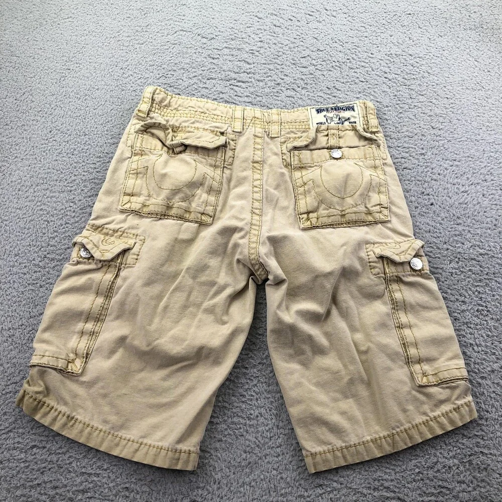 True Religion Shorts Mens 31 Beige Cargo Denim Relaxed Fit 12 Inseam Casual
